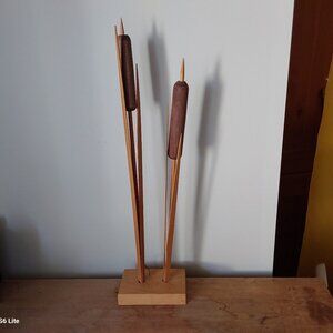 Vintage 1989 handcrafted wood cattail sculpture from Saskatchewan Byron Hansen